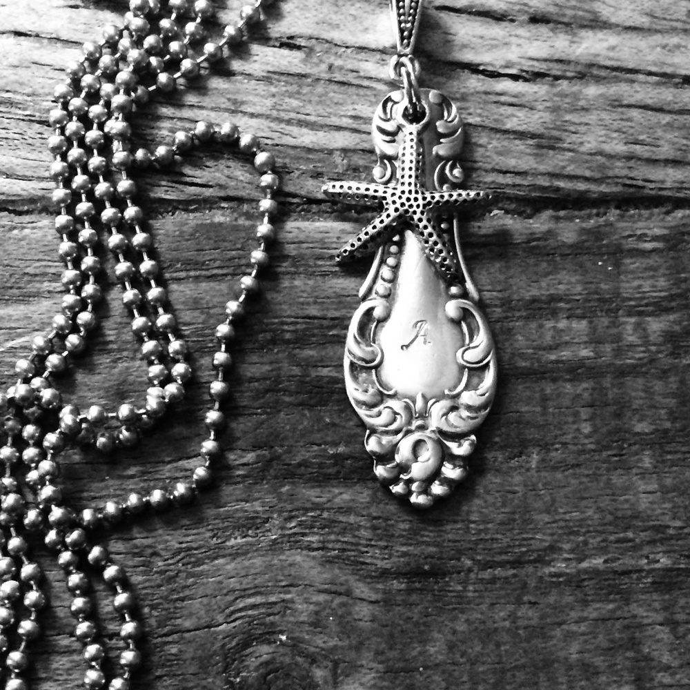 Silverplate Spoon Handle Necklace pendant initial A & Starfish Charm handcrafted